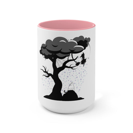 Ghost Cat Calling The Witch From The Tree Mug, Two-Tone Coffee Mugs, Halloween Mug, Fall Coffee Mug, Autumn Mug, Best Friend Gift, Spooky Love, Cocoa Mug