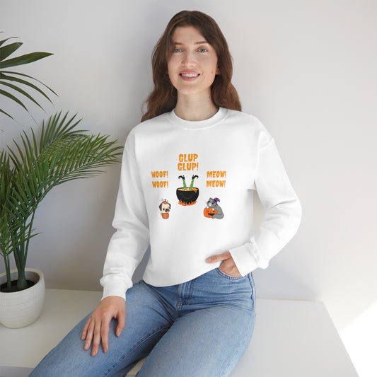 Woof, Glup, Meow Crewneck Sweatshirt, Unisex Heavy Blend, Halloween Hoodie, Cute Halloween Gifts